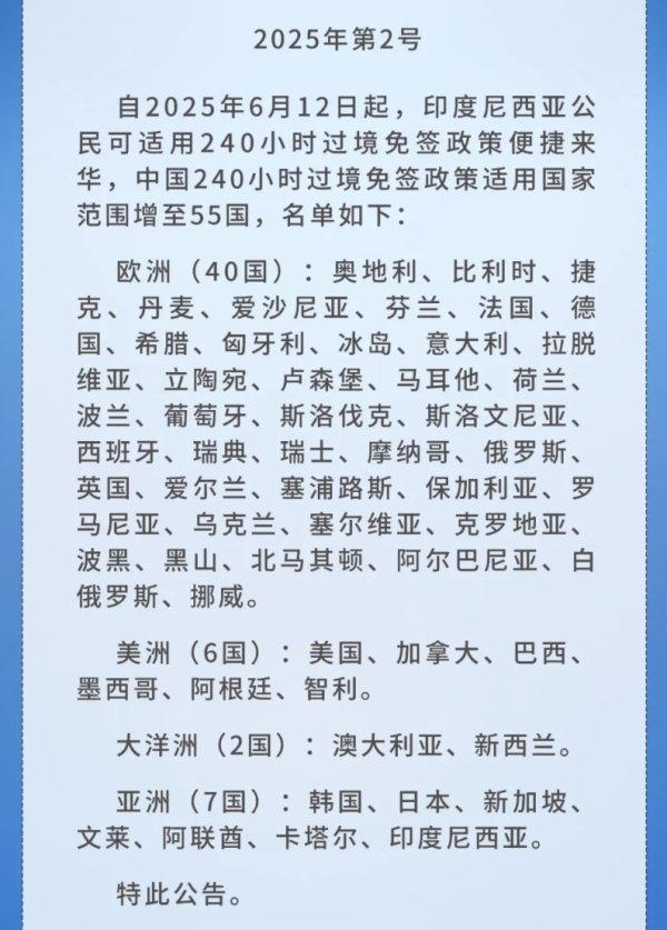 高忆管理 新增印尼，中国240小时过境免签政策适用国家扩展至55国